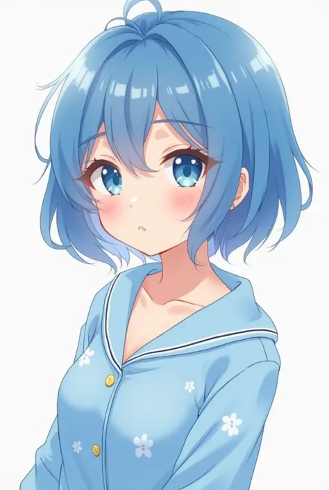 White anime woman with cute appearance, short blue hair, about 18 years old, wearing blue pajamas