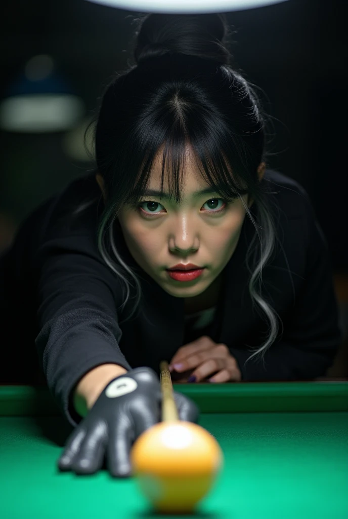 A captivating and professional Korean woman is seen concentrating at the billiard table. Her black hair is loosely tied up in a bun with soft bangs, accented by gray highlights, giving her an elegant and modern look. Her gaze is sharp and intensely focused...