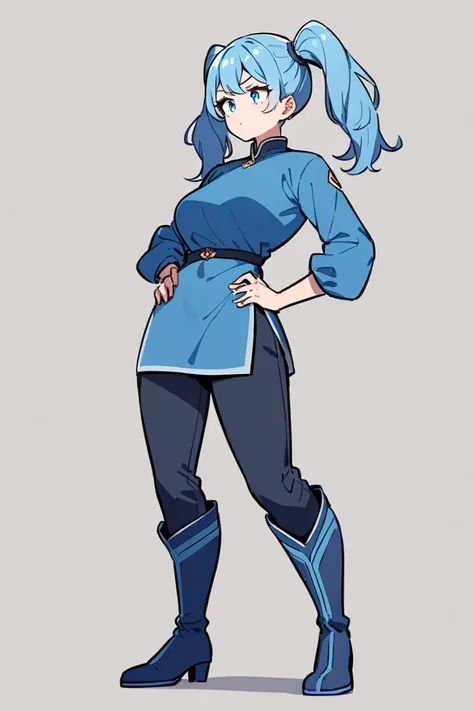 A woman, Twintails, Blue Hair, Breasts, Blue eyes, blue tunic , light blue shirt, dark blue pants, blue heel boots, hands on her hips