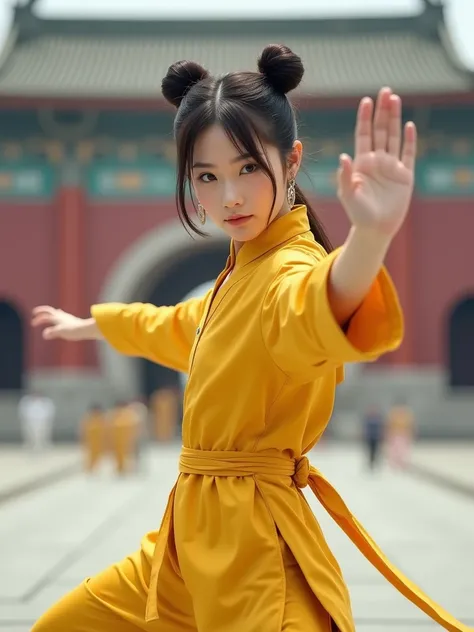 (Full body:1.3), (acrobatic pose:1.3),  1 woman,20th Generation,  serious face,  looking at the camera,  double bun hair , forehead, (flat chest:1.4),  white skin,  Slim, yellow kung fu clothes,  thin waist,  thin legs, yellow kung fu shoes,  the right leg...