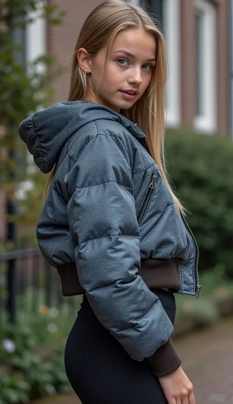 Backside diagonally photo from side behind of a sweaty hot wet cute beautiful darkblonde furtuned dutch spanish italia young posing age femboy wearing greyblue shiny puffy cropped short bomber jacket, very short shiny greyblack blue Big luxurious alpha-ind...