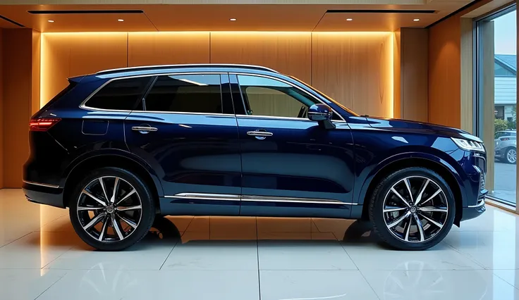 
A side profile shot of the dark blue Jaecoo J8 in the luxurious showroom. The SUV's sculpted body lines, large alloy wheels, and high ground clearance give it a dynamic stance. The glass roof and chrome detailing enhance its premium appeal. The lighting i...