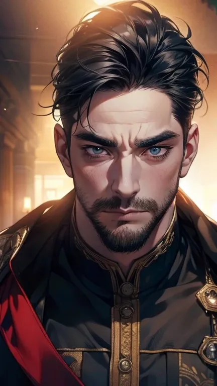 (   league player ,4K,8k,   highres,   masterpiece :1.2),   ultra-detailed  ,(realistic,photorealistic,photo-realistic:1.37),36-year-old man,3 day beard,Beautiful anime,Portraits,strong,Masculine,    with black hair  ,sharp jaw,     mesmerizing eyes     , ...