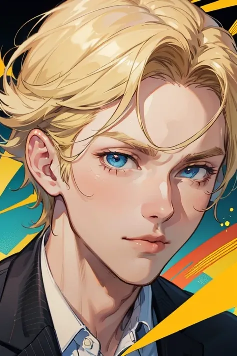 anime boy, handsome face, blond hair, yellow, charming gaze, looking at the viewer, wearing a suit, office background, (sharp eye details, sharp face details, body details), (make clear and good images), (make 4k and 8k images), (masterpiece)