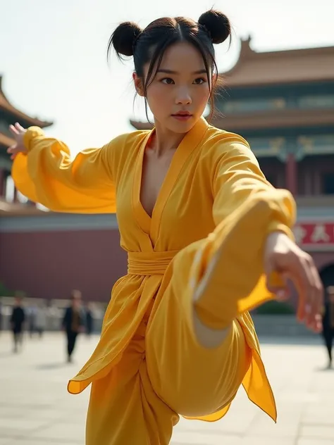 (Full body:1.3), (acrobatic pose:1.3),  1 woman,20th Generation,  serious face,  looking at the camera,  double bun hair , forehead, (flat chest:1.4),  white skin,  Slim, yellow kung fu clothes,  thin waist,  thin legs, yellow kung fu shoes, kick,  jump, P...