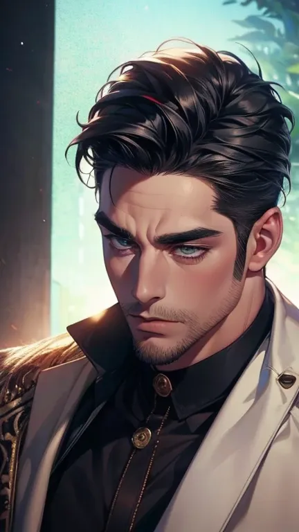 (   league player ,4K,8k,   highres,   masterpiece :1.2),   ultra-detailed  ,(realistic,photorealistic,photo-realistic:1.37),36-year-old man,3 day beard,Beautiful anime,Portraits,strong,Masculine,    with black hair  ,sharp jaw,     mesmerizing eyes     , ...