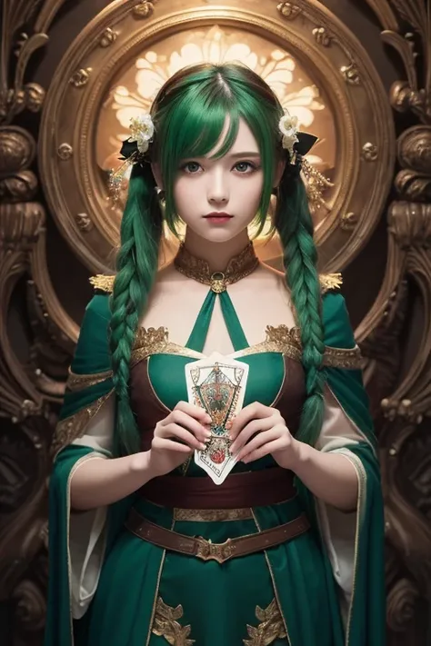 (Masterpiece,  top quality,  best quality ,  Official Art,  beautiful and aesthetic:1.2), ( 1 girl:1.3), ( Fractal Art :1.3), card, Tarot,  green hair,  twin tails,  hair flower, ( good lighting :1.1), (( high resolution)), Tarot card style