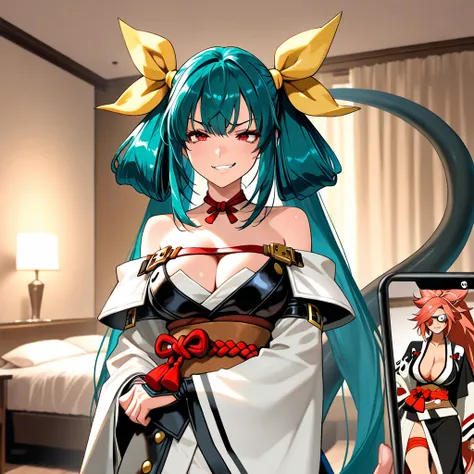 (​masterpiece, top-quality, hight resolution, Unity 8k, extremely details CG:1,Best Picture), 2girls, Dizzy and Baiken, Dizzy guilty gear, Baiken - Guilty Gear, red eyes, tail, hotel room, A young woman glaring at the camera with narrowed eyes, her mouth s...