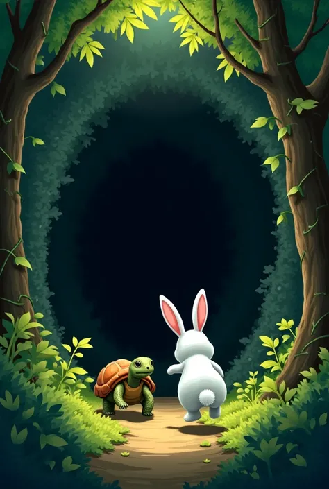 

"A white rabbit and a turtle are racing through a lush green forest. As they race, they spot a dark, mysterious cave ahead. The white rabbit, with its fur shining in the sunlight, swiftly dashes towards the cave, with the turtle following closely behind....