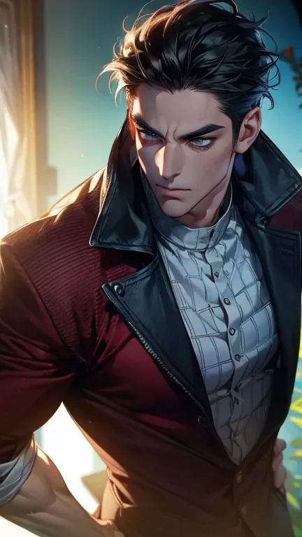 (   league player ,4K,8k,   highres,   masterpiece :1.2),   ultra-detailed  ,(realistic,photorealistic,photo-realistic:1.37),36-year-old man,3 day beard,Beautiful anime,Portraits,strong,Masculine,    with black hair  ,sharp jaw,     mesmerizing eyes     , ...