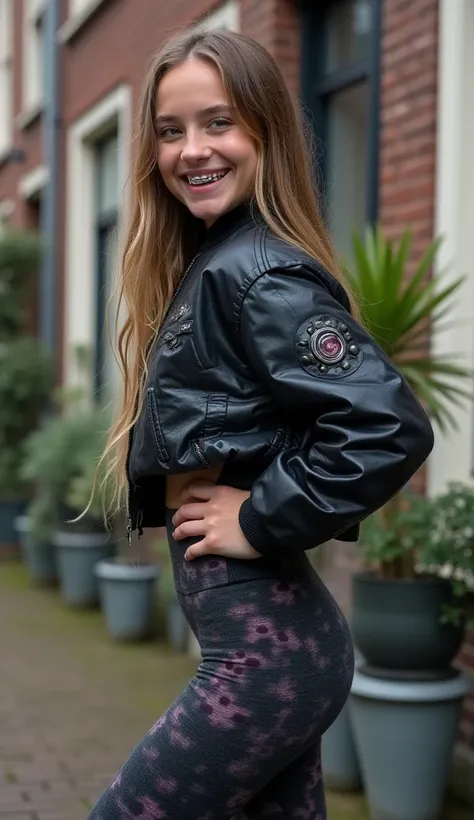 Backside diagonally photo from side behind of a sweaty hot wet cute beautiful darkblonde furtuned dutch spanish italia young posing age femboy wearing darkgrey shiny puffy cropped short bomber jacket, very short shiny black Big luxurious alpha-industries-m...