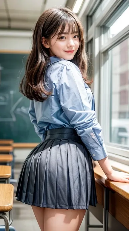 many girls in school classroom,school uniform with gray pleated micro mini skirt,bangs,a smile,(fat thighs),big hip,knees, from behind,looking at viewer, (low angle with back shot),