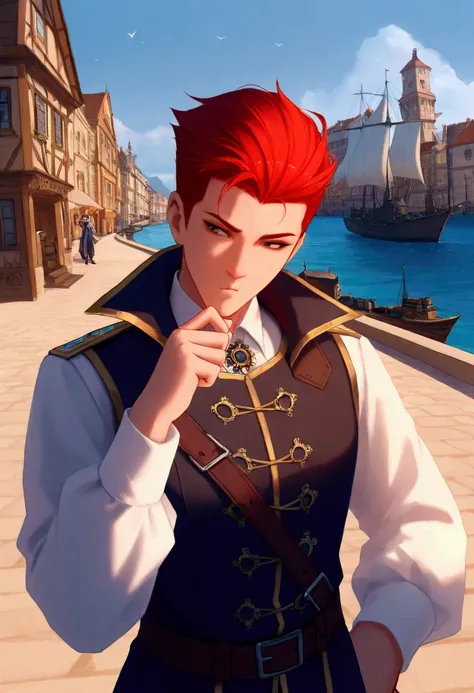 magic, fantasy, steampunk, handsome man, fiery red hair, navy captain, background behind sea, port, ships, streets of magical medieval city, beauty, shimmer, magical flair, magic and sorcery, hyperdetailed, 8k, hyperrealistic, (excited:1.2), (face with the...