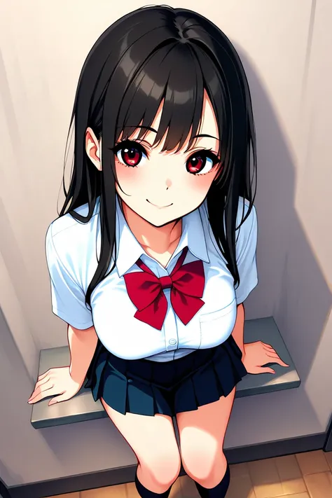 8k,masterpiece, best quality, ultra detailed, high resolution, super fine illustration, 1girl, solo, smile,tidy,red eyes, black hair, long hair, medium breasts, school uniform, collared shirt, bowtie, pleated skirt,  kneehighs,from above, looking at viewer...