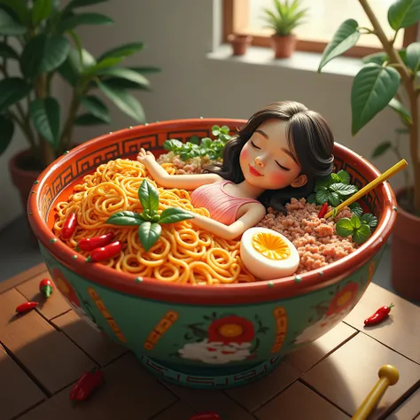 masterpiece of culinary decoration showing a red big bowl full of noodles, chili, minced meat, half boiled eggs with a pretty woman sleeping peacefully inside it smiling and indulging the ambiance 