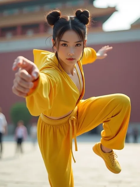 (Full body:1.3), (acrobatic pose:1.3),  1 woman,20th Generation,  serious face,  looking at the camera,  double bun hair , forehead, (flat chest:1.4),  white skin,  Slim, yellow kung fu clothes,  thin waist,  thin legs,  yellow kung fu shoes, jump  kick, P...