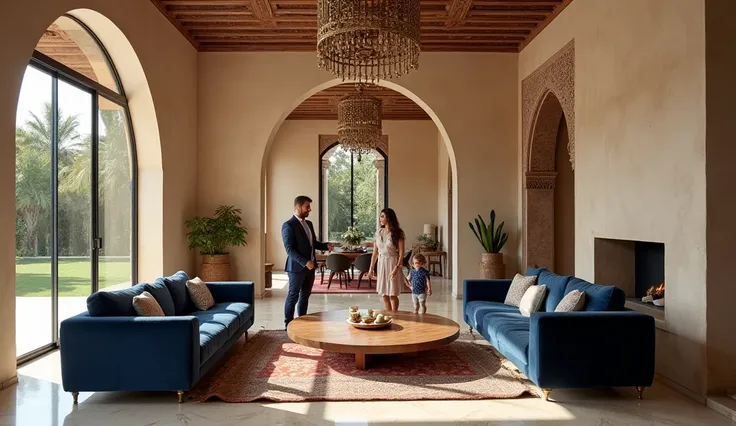 A luxurious interior of a villa in Marrakech, blending modern elegance with traditional Moroccan touches. The living room is spacious, bathed in natural light through large glass doors that open to a stunning garden. The polished marble floor reflects the ...