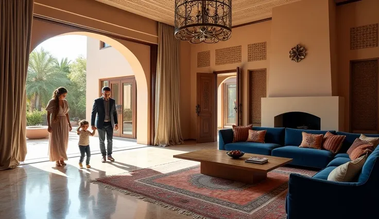 A luxurious interior of a villa in Marrakech, blending modern elegance with traditional Moroccan touches. The living room is spacious, bathed in natural light through large glass doors that open to a stunning garden. The polished marble floor reflects the ...