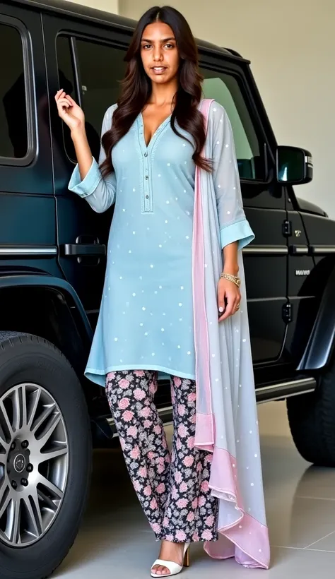 Full indoor shot of kim kardashian show body curves in traditional Punjabi attire, a salwar kameez. She is positioned slightly angled to her right, and is leaning against a black Rubicon-style car. Her attire features a light blue, printed, loose-fitting k...