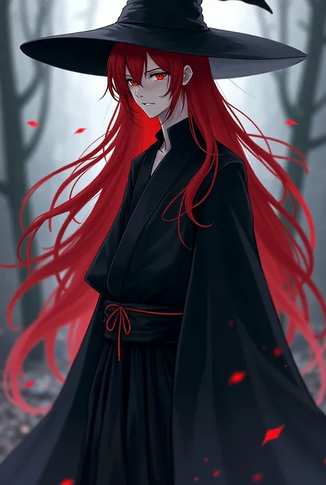 white person,  long red hair, man, folded black witch hat, y Haori black , anime, man, pale