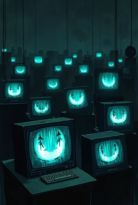 A lot of random devil eyes in televisions screen dark background anime style 