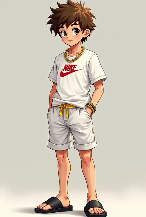 A boy in a white outfit with the Nike symbol and with a golden ecru chain and white cargo shorts and wearing black flip flops on his feet and curly hair cut American brown color 18 years old carrying a hot blonde anime