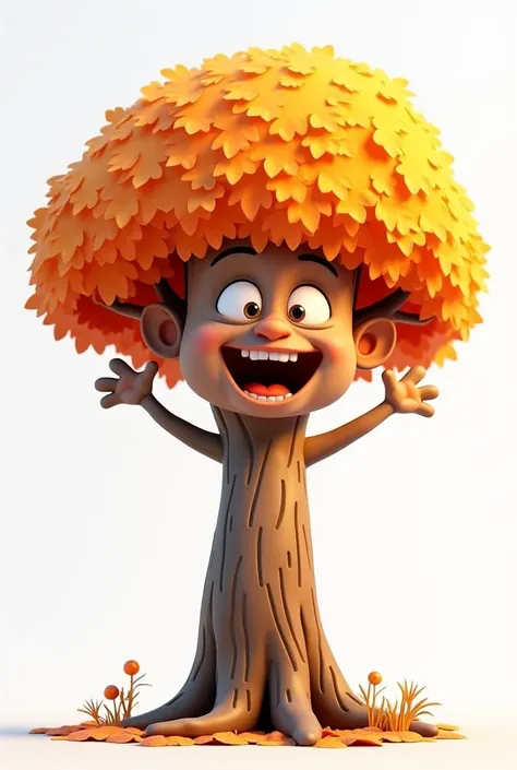 Create a full-body 3D cartoon character of an autumn tree, walking tree, rendered in a Pixar-like style with vibrant colors and expressive details. Use a transparent background and 8K resolution.  an excited and cheerful expression