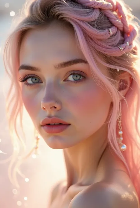 Create picture 
Prompt:
"Close-up portrait of a beautiful young woman with flawless, fair skin and delicate, natural makeup. She has soft pink blush, glossy lips, and subtle eyeliner. Her hair is styled in flowing, pastel pink strands with pearl-like decor...