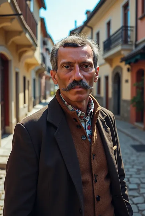 Man, moustache, Bulgarian, Ivan Momchilov, city Elena, old photo,  swirly vibrant colors, Picturesque, idyllic, work of art, best quality, 8k, extremely detailed,