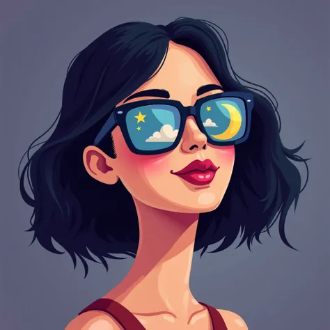 The model is wearing glass sunglasses with stars and the moon on the glass"Design a versatile and eye-catching logo for 'Triprama,' a carpooling website. The logo can be letter-based, design-based, or a combination of both. It should feature a colorful pal...