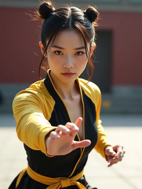 (Full body:1.3), (acrobatic pose:1.3),  1 woman,20th Generation,  serious face,  looking at the camera,  double bun hair , forehead, (flat chest:1.4),  white skin,  Slim, black and yellow kung fu clothes,  thin waist,  thin legs, yellow kung fu shoes,palm ...