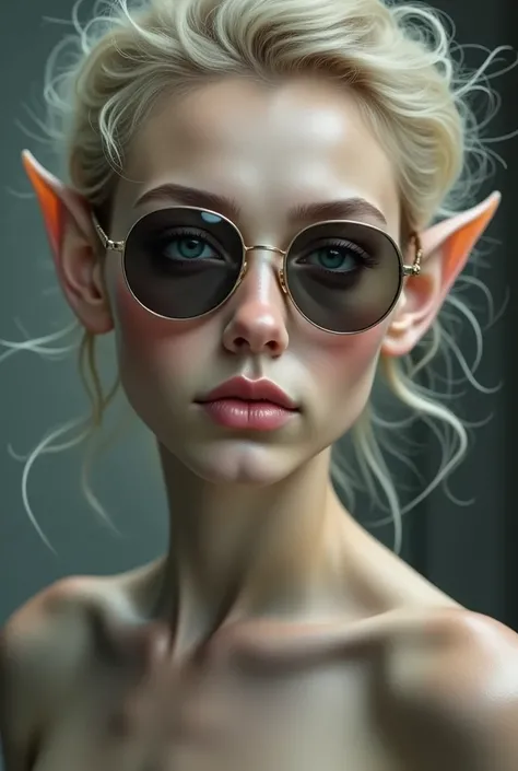  The model is wearing sunglasses . It has ears like an elf