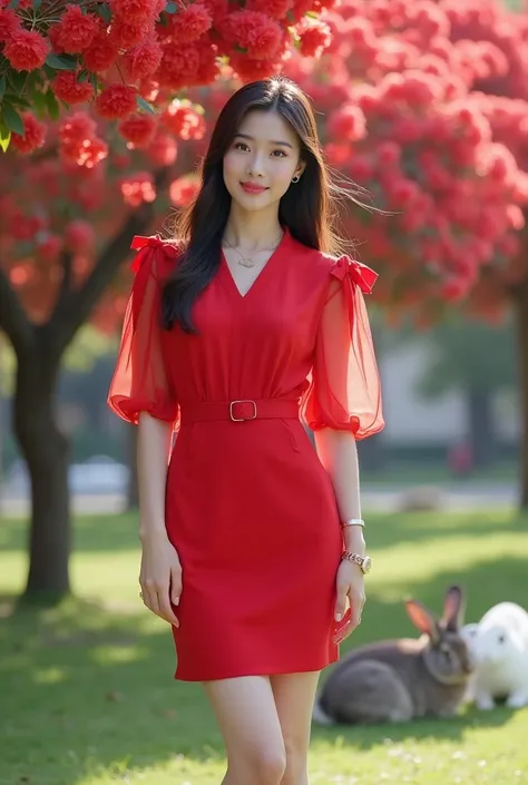 Beautiful Korean Women with slightly chuby but sexy , smooth  glass skin, well-groomed face,long straight with ribbon hairstyle, knee length dress, transparent short balloon sleeve,,left and right sleeves with butterfly motif ribbons,the color of the cloth...