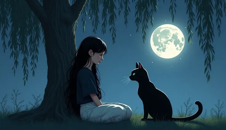 Elara, a young girl around 20 years old with long black hair  wearing black shirt and white pent  and Luna the black cat  sitting together under the full moon. They share a quiet, knowing look. The willow tree stands tall in the background.
