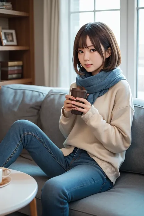 Bell, Anime,  brown hair,  medium chest,  brown eyes,  ogipote,  jeans,  scarves ,  grey sweatshirt, blue pants ,  is sitting, Crossed legs, Inside the smart home,  is sitting on the couch, Asada Shino&#39;s face, Anime Sword Art Online,  top quality