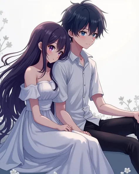 Anime couple image, girl have purple eyes, long black purple hair, wearing white colour gown dress adult body. Boy have blue eyes,  black hair, wearing white shirt and black pant, sit down in a fild girl put her head on this boy right shoulder 