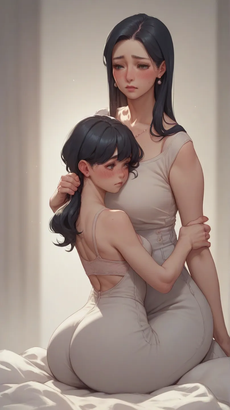 Anime, mother and daughter, little shy son, big ass mother and daughter, bedroom background, long black hair, blushing