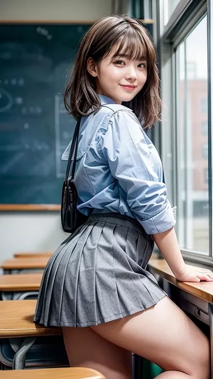 many girls in school classroom,school uniform with gray pleated micro mini skirt,bangs,a smile,(fat thighs),big hip,knees, bend forward and put your hands on the desk, low angle with back shot, 膝