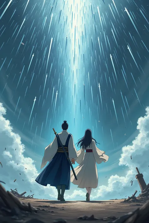 Anime scene， hundreds of swords fell in the sky，A man in period costume，Walking with a woman ， as a rain of swords fell 