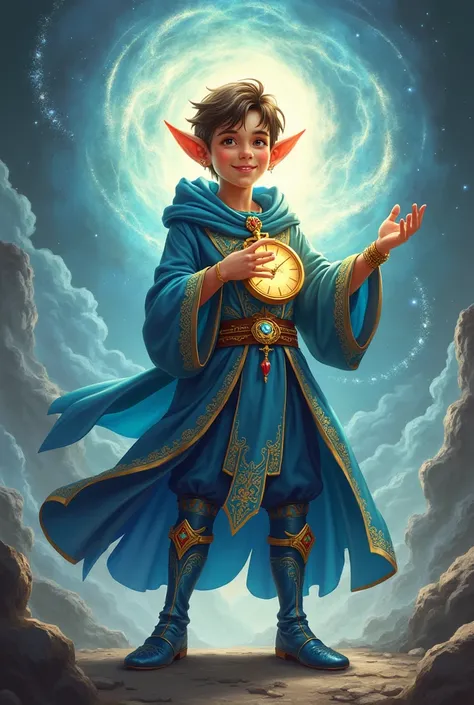 A full body fantasy illustration of a young, handsome and cheerful male elf time wizard who has a time watch planted on his heart wearing blue boots