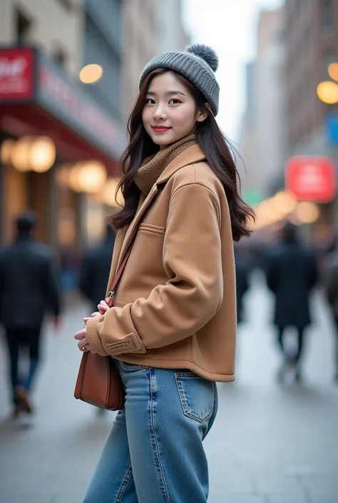 Charming Korean Idol Daily Winter Outfit Wide Jeans
