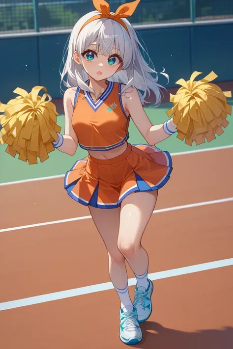  adult woman、    whole body、  cheerleader、 long golden hair     、      Shiny Hair 、          white hair band、  beautiful eyes、Very big eyes、active、       white wristband       、       white socks、    Tennis shoes、  colorful costumes 