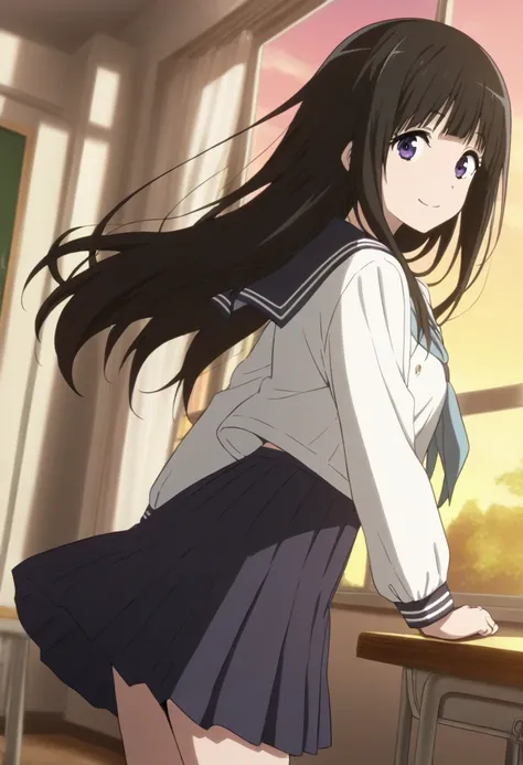 1girl,solo,
chitandaeru,
long hair, black hair, purple eyes,
serafuku, skirt,
smile,
classroom,
cowboy shot,
looking at viewer,
masterpiece,best quality, very aesthetic, absurdres,(anime screencap:0.5),anime coloring,