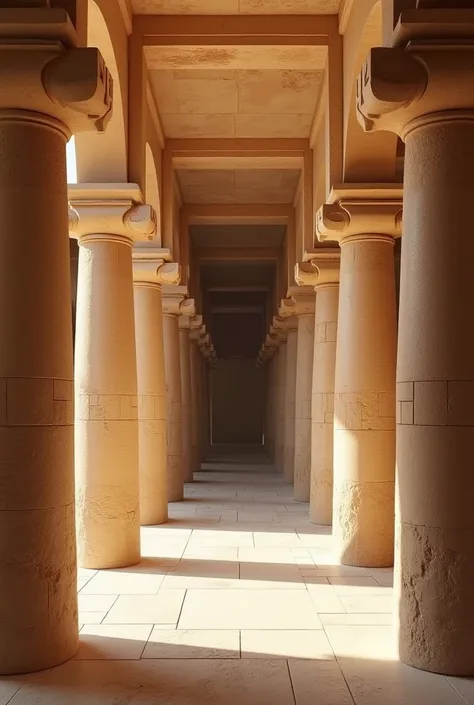 Create a 3D model of a smaller hall featuring Hathoric columns, which connect to the hypostyle courtyard of an ancient Egyptian temple. The columns are adorned with capitals shaped like the face of the goddess Hathor, embodying her protective and nurturing...