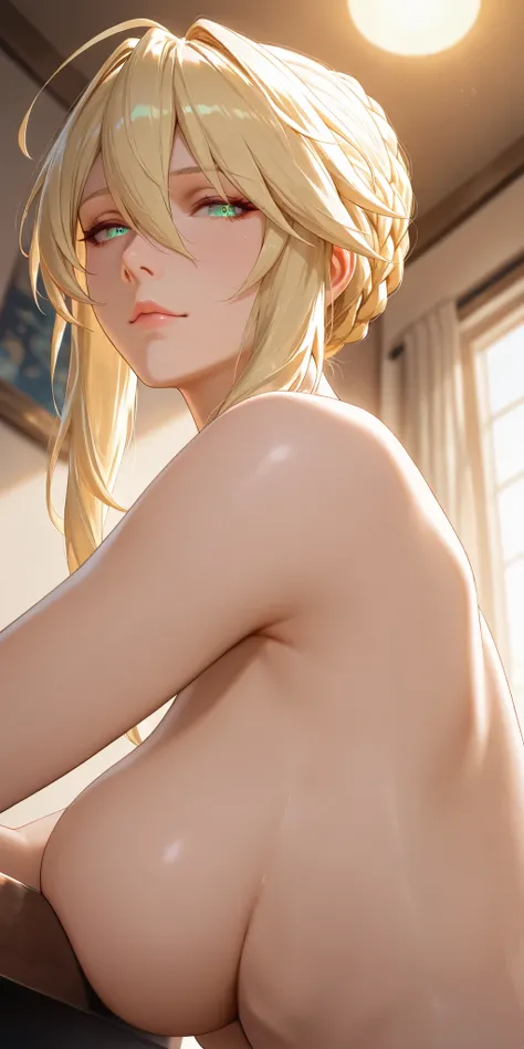 Masterpiece, very aesthetic, vibrant, high contrast, mature woman, artoria pendragon (lancer) (fate), upper body, naked, low angle, seductive, sitting, best quality, home, semrealistic, honkai: star rail cg style