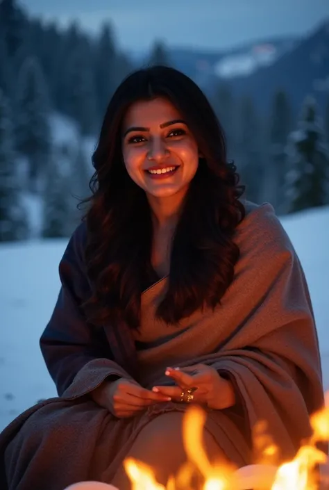  Around a bonfire on a snowy mountain , The black-haired woman warms up .  She wears a Saree ,  with a blanket thrown over her shoulders . The flames dance,  casting a warm light on her face as she smiles 