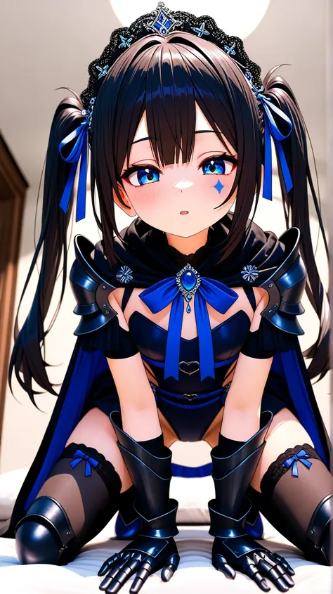  、3D Model、Young girl、 blue eyes、 dark hair、Twin Tails 、 blue ribbon、 cool、 Black High Leg Swimsuit 、 black stockings、 Black Wedding Gloves 、  Black Body Armor 、 leg armor、Princess Dress 、 Headdress 、 Arm Armor Gauntlets、 Blue Full Harness 、Dress Cloak 、 f...