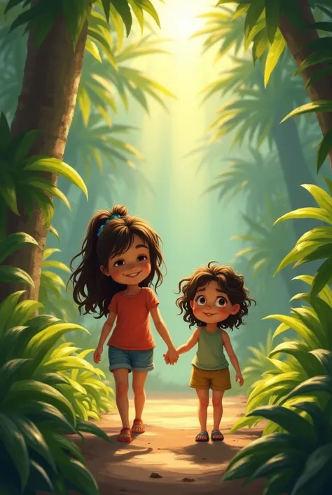 
Scene 6: Lily and Ellie become friends
- Image prompt: little Lily and little Ellie walking together, hand in trunk, through the jungle. They're surrounded by lush foliage, and the sun is shining down on them.