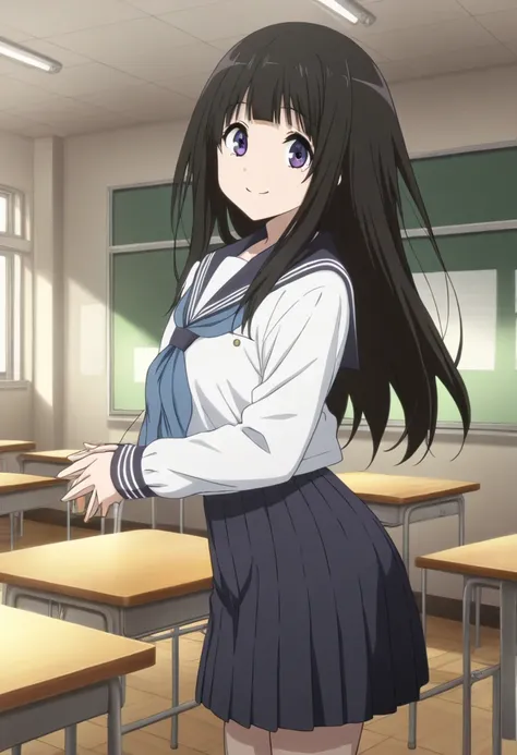 1girl,solo, chitandaeru, long hair, black hair, purple eyes, serafuku, skirt, smile, classroom, cowboy shot, looking at viewer, masterpiece,best quality, very aesthetic, absurdres,(anime screencap:0.5),anime coloring,