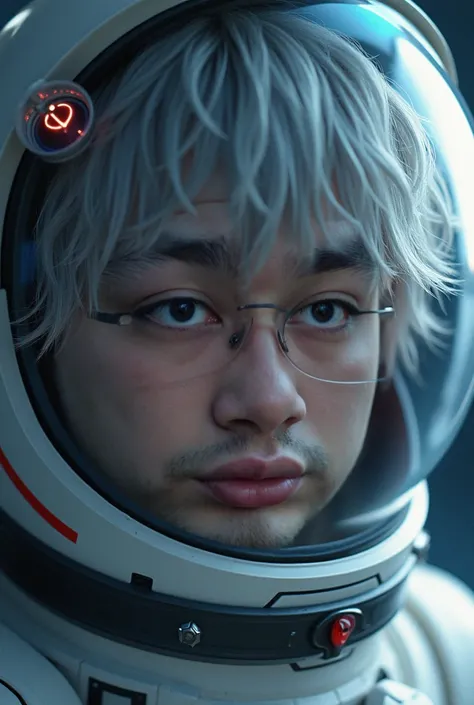 (Close-up of a better masterpiece:1.5)0.9], (Space and astronauts:1.2) (Messy silver hair:1.1) (Heterochromia xanthochromia and blue eyes:1.2) (Space Helmet:1.0) (Colored stars in the eyes:1.0) (A radiant glow:1.1) (thick lips:0.9)